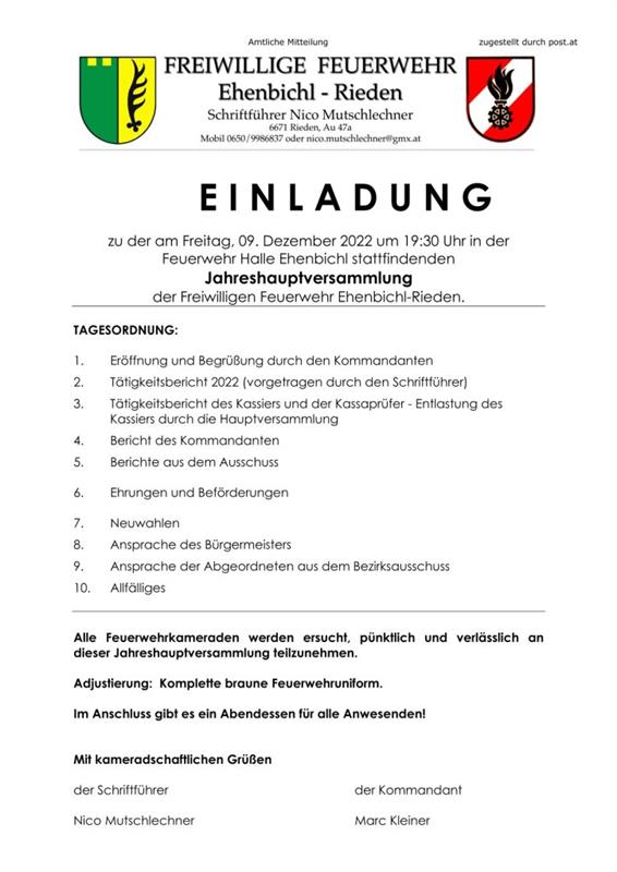 Einladung Jahreshauptversammlung FF Ehenbichl/Rieden